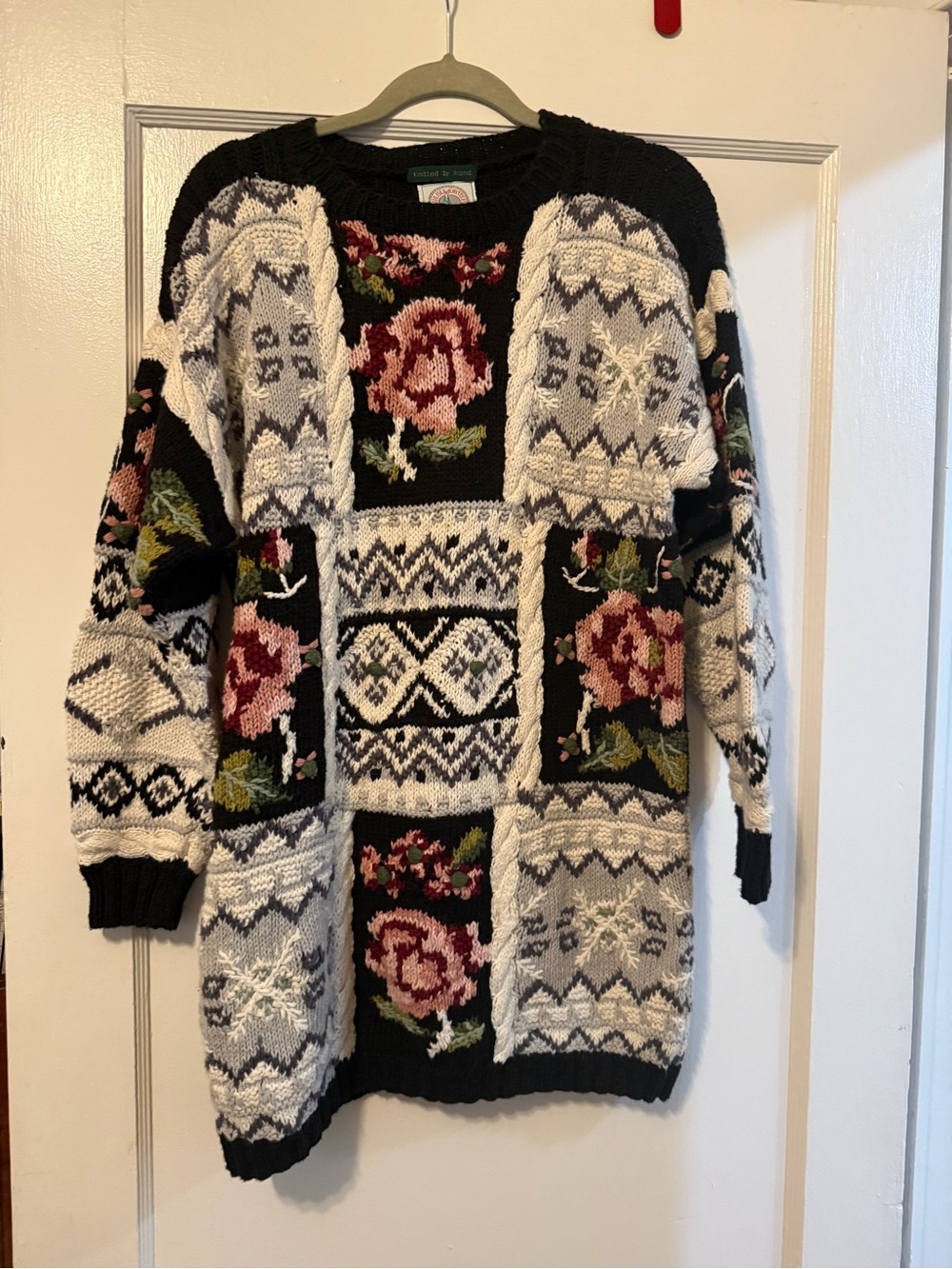 Floral Patchwork Knit Sweater - Black, Cream & Gray